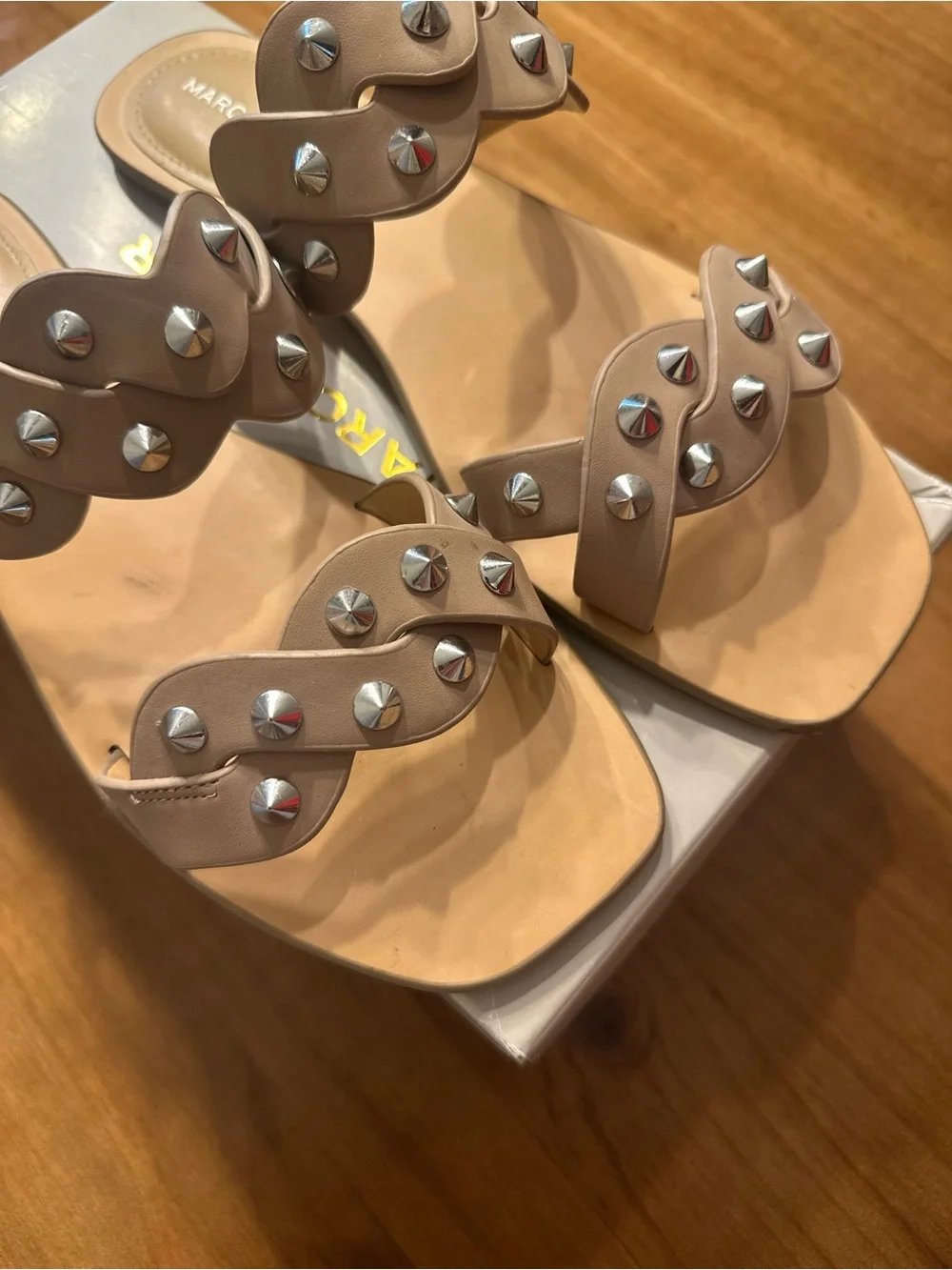 Marc Fisher Nude Studded Twist-Strap Slide Sandals